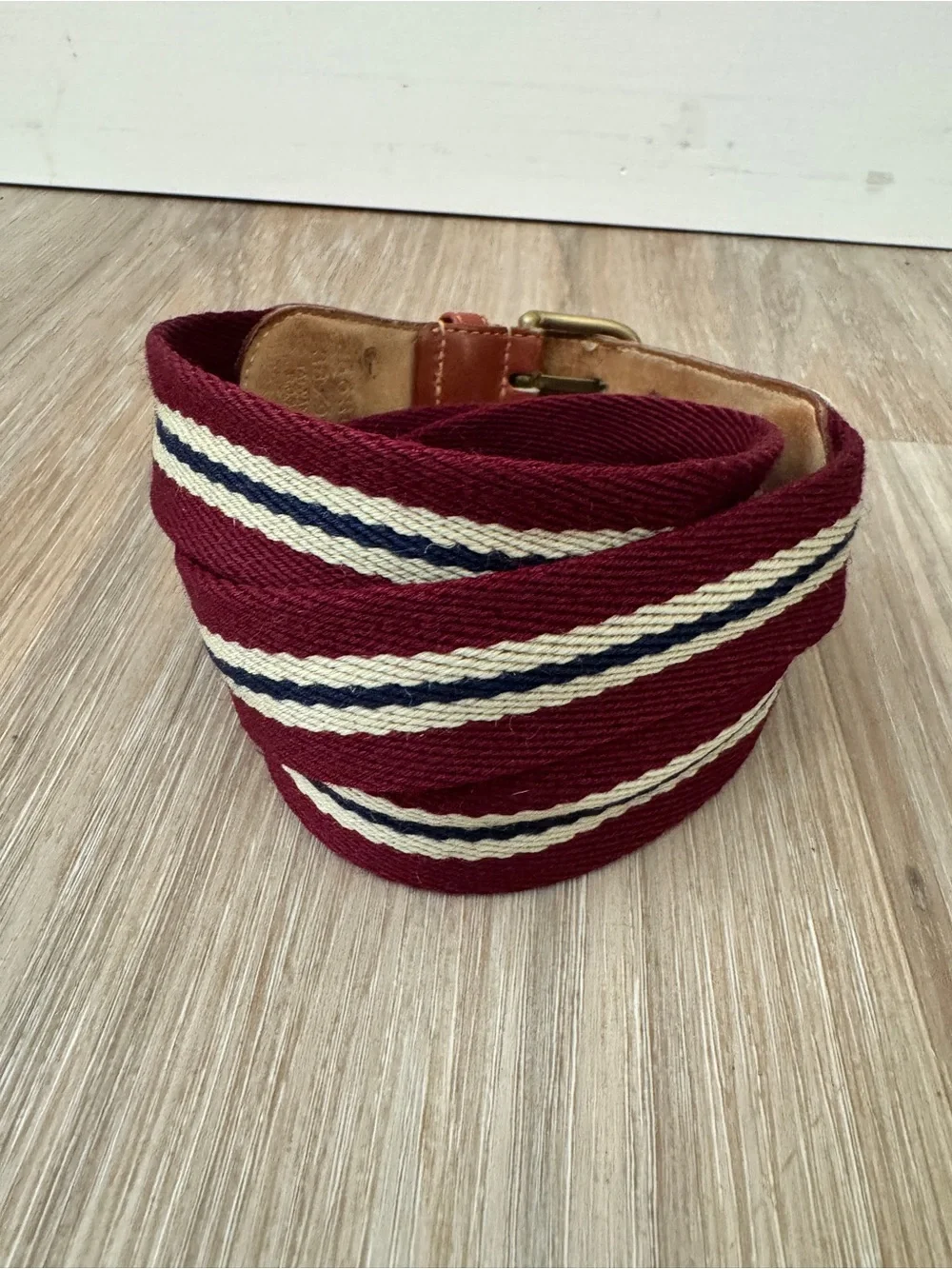 Striped Webbed Canvas Leather Belt Solid Brass Buckle Size 38 Preppy